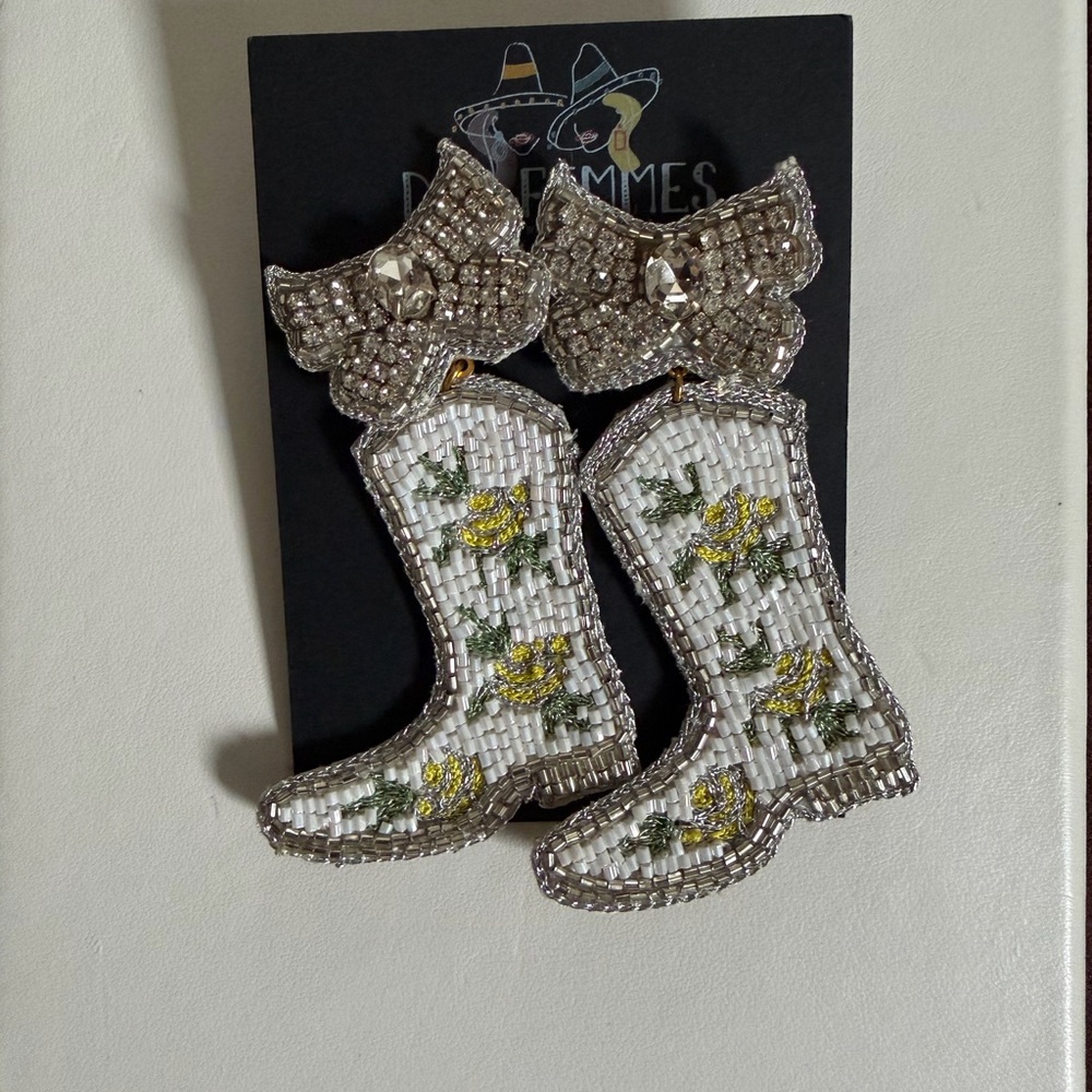 Beaded Yellow Rose Cowboy Boot Earrings